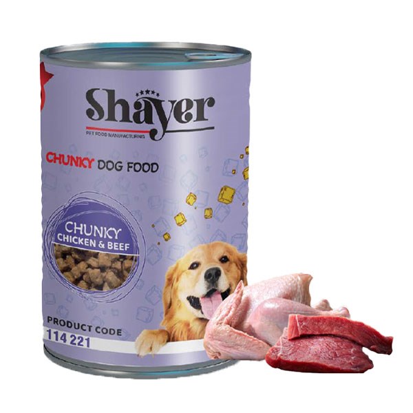 کنسرو چانکی سگ شایر طعم مرغ و گوشت در سس کدو حلوایی