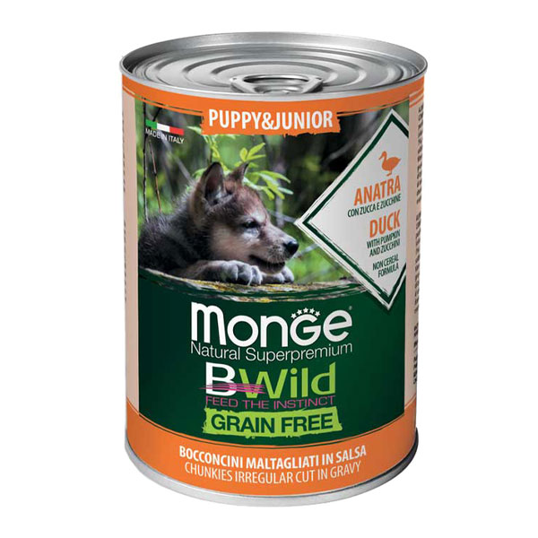 کنسرو توله سگ مونژه Bwild با طعم اردک و کدو تنبل و کدو سبز