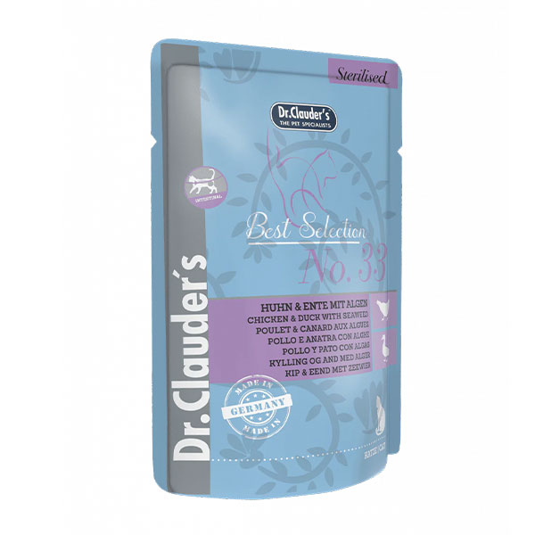 پوچ گربه عقیم شده دکتر کلادرز طعم مرغ و اردک و جلبک دریایی