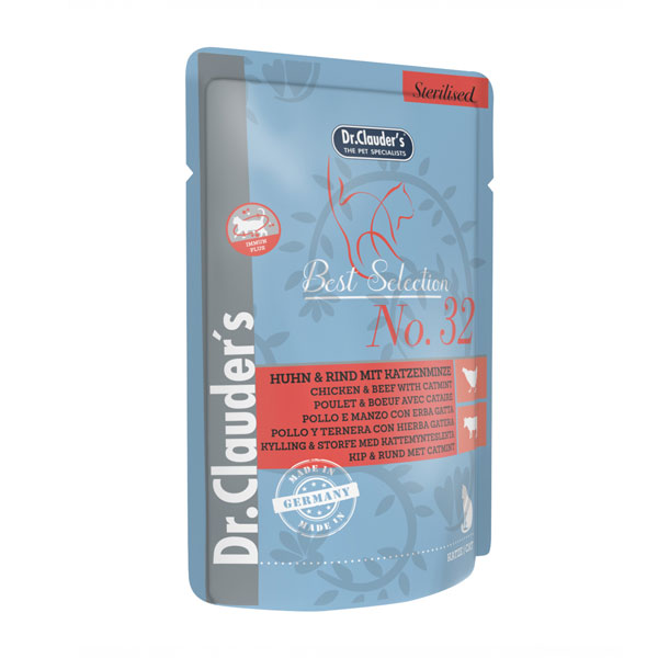 پوچ گربه عقیم شده دکتر کلادرز طعم مرغ و گوشت و کت نیپ