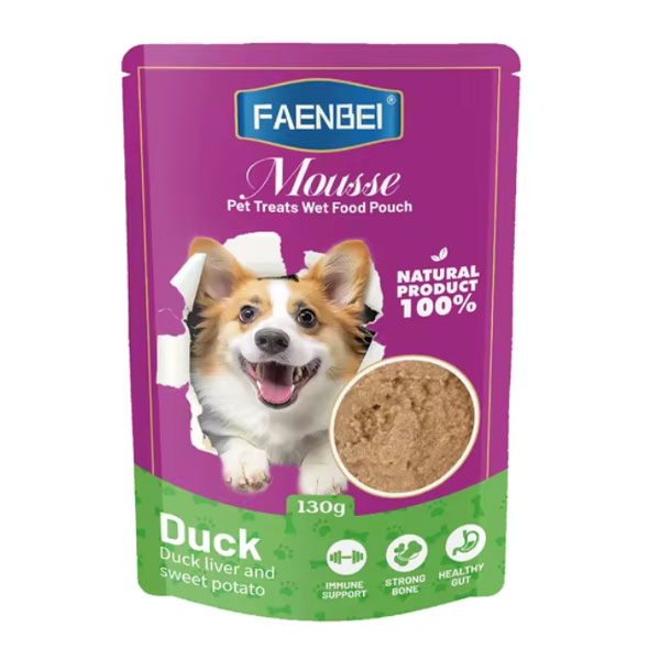 پوچ سگ فنبی طعم اردک و جگر اردک و سیب زمینی شیرین در موس