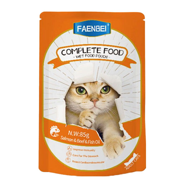 پوچ گربه فنبی مدل COMPLETE FOOD طعم سالمون و گوشت و روغن ماهی