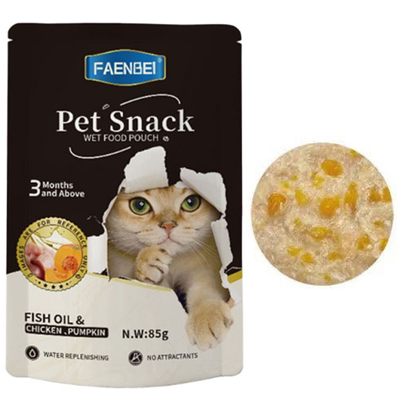 پوچ گربه فنبی مدل میکس با طعم مرغ و کدو حلوایی و روغن ماهی