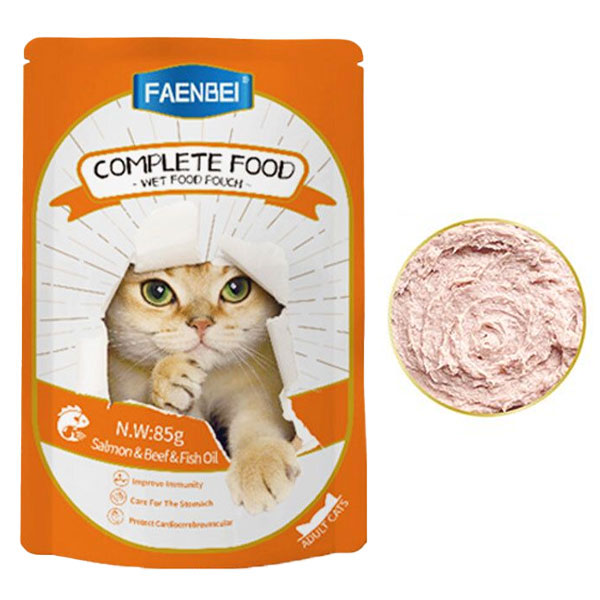 پوچ گربه فنبی مدل COMPLETE FOOD طعم سالمون و گوشت و روغن ماهی
