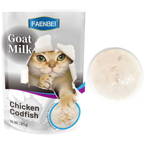 پوچ گربه فنبی طعم مرغ و ماهی کاد در شیر بز