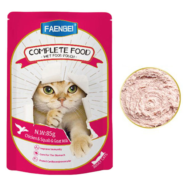 پوچ گربه فنبی مدل COMPLETE FOOD طعم مرغ و کبوتر و شیر بز